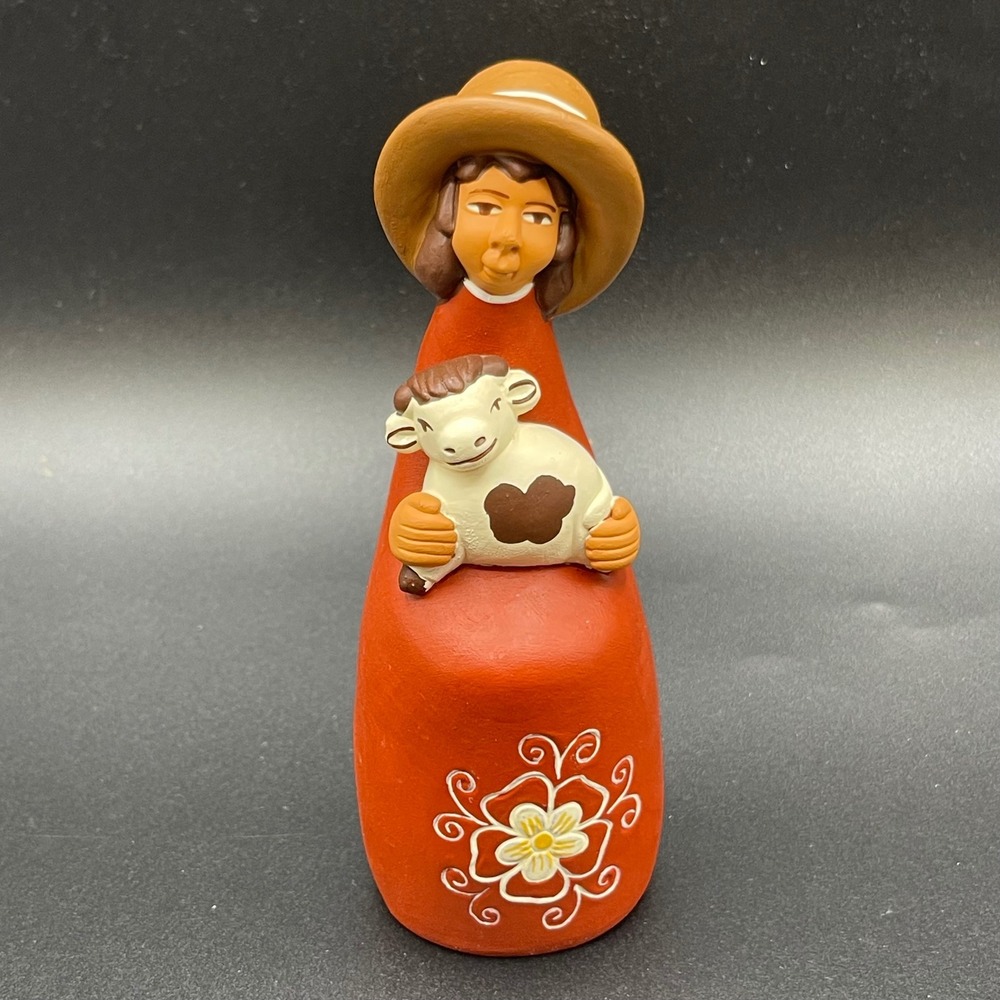 Vintage Mexican Folk Art Terracotta Woman with Sheep Figurine Pottery Red Orange
